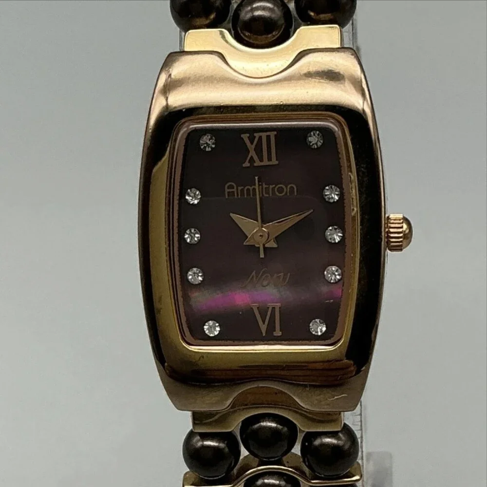 Armitron Now Women Watch 20mm Abalone Brown Gold Tone Bracelet New Battery 7.75